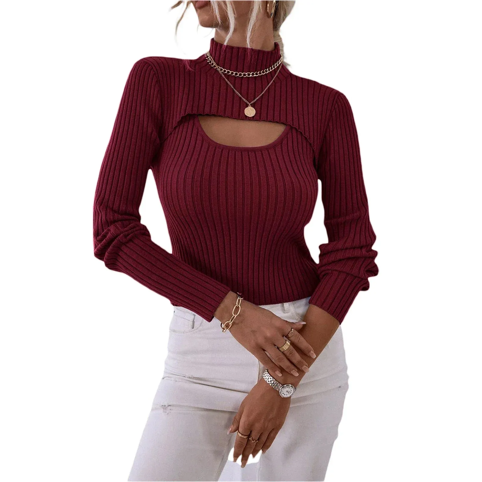 Spring Autumn Knit Cutout Outfit Solid Color High Neck Short Ribbed Sling Vest Sets Women's T-shirt