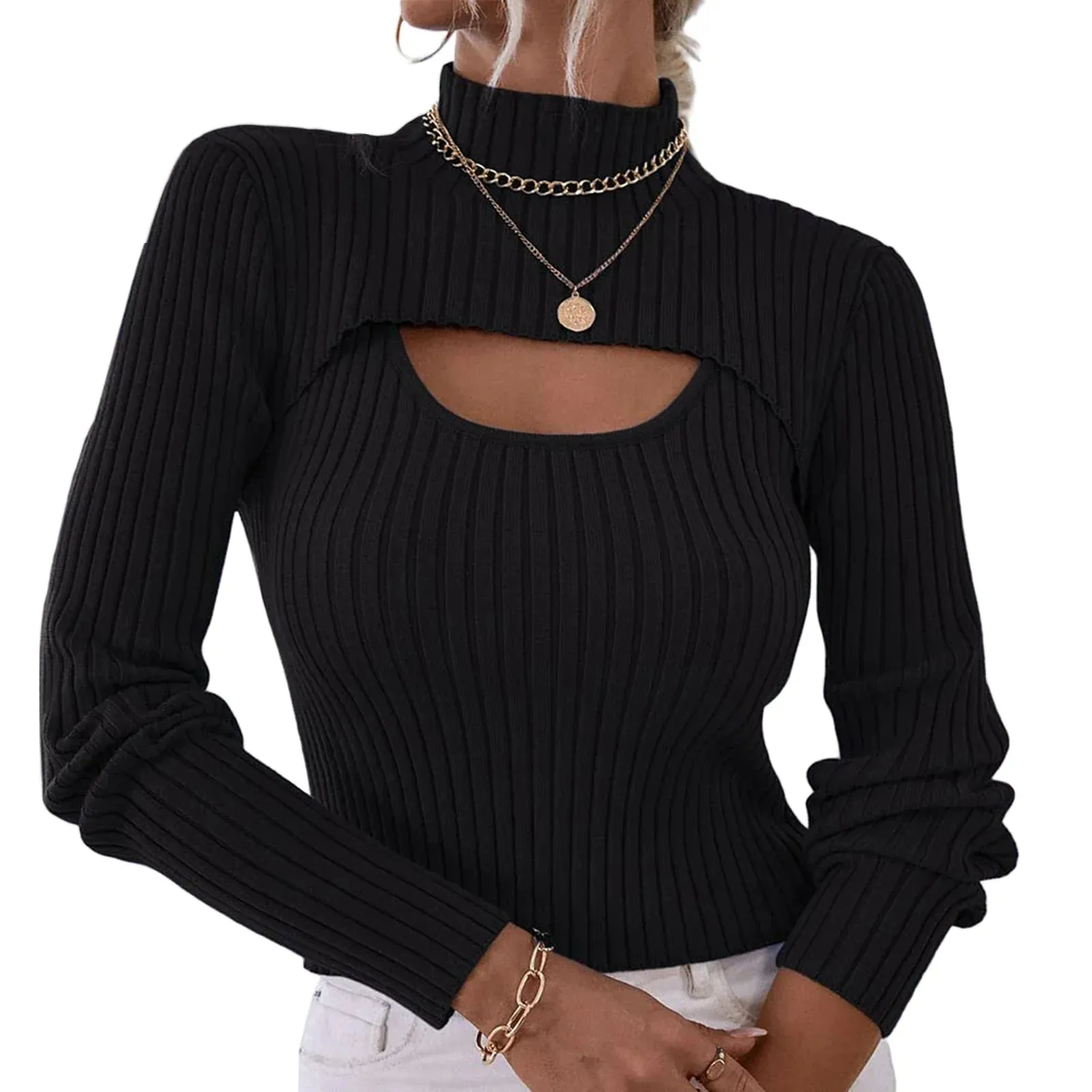 Spring Autumn Knit Cutout Outfit Solid Color High Neck Short Ribbed Sling Vest Sets Women's T-shirt