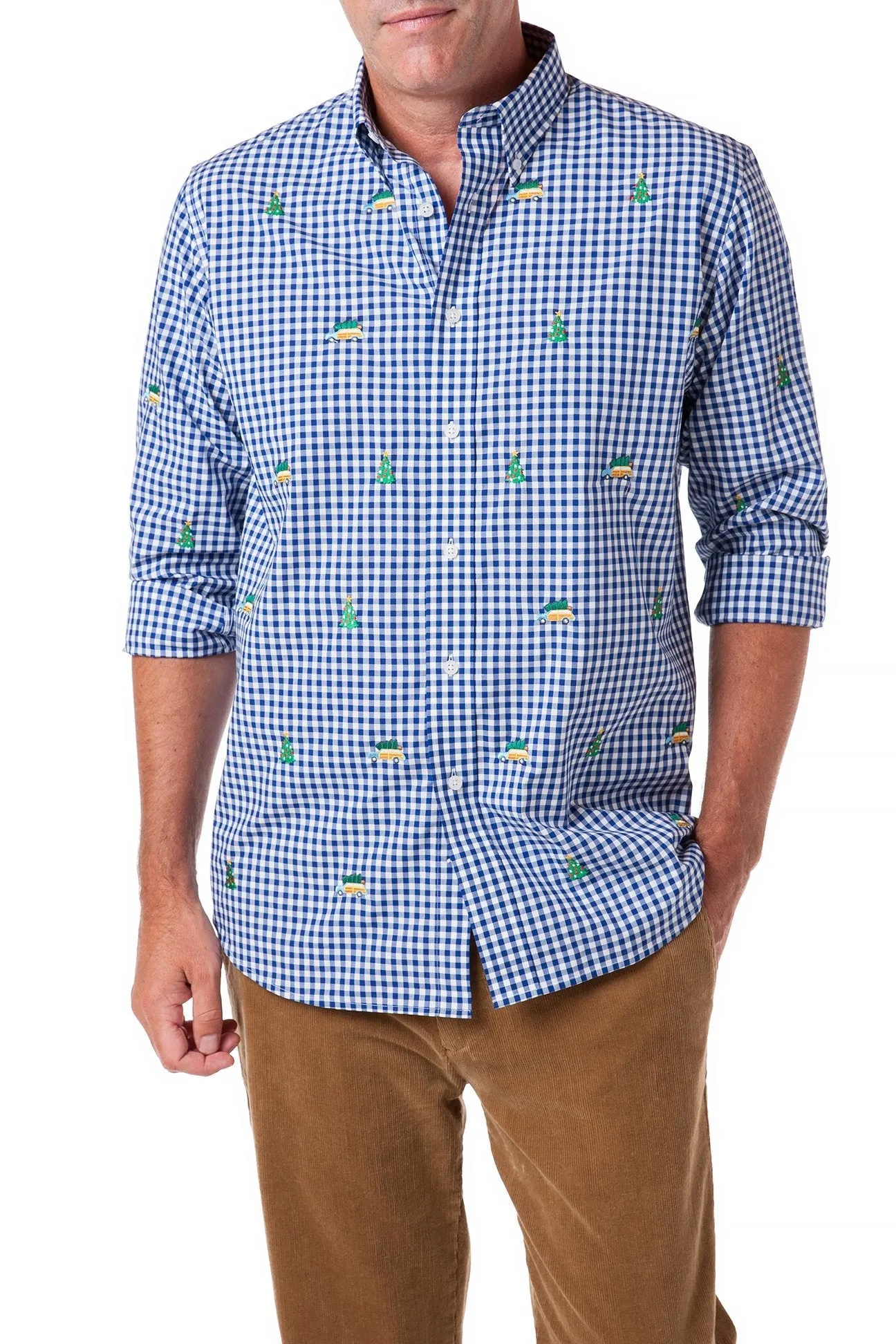 Straight Wharf Shirt Wide Gingham Royal with Woody and Christmas Tree