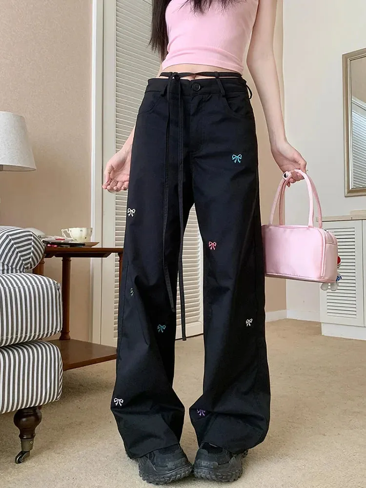 Summer Y2k Leg Casual Streetwear Embroidery Lace-Up Baggy Bow 90s Wide Pants