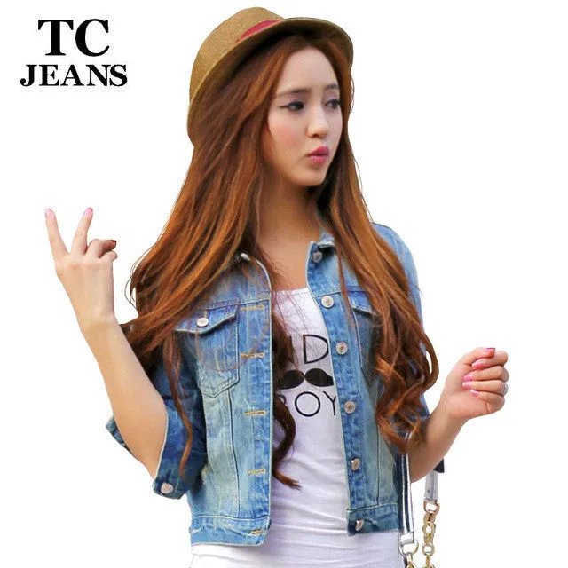 TC Women Jeans Jackets Short Tops 2016 Spring Autumn Long Sleeve Denim Coat Ripped For Women Clothing Chaquetas Mujer AT00168