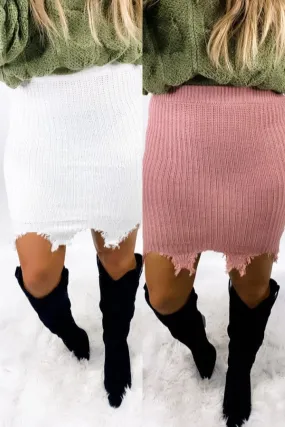 Tell The Story- {Ivory & Mauve} Ribbed Distressed Skirt