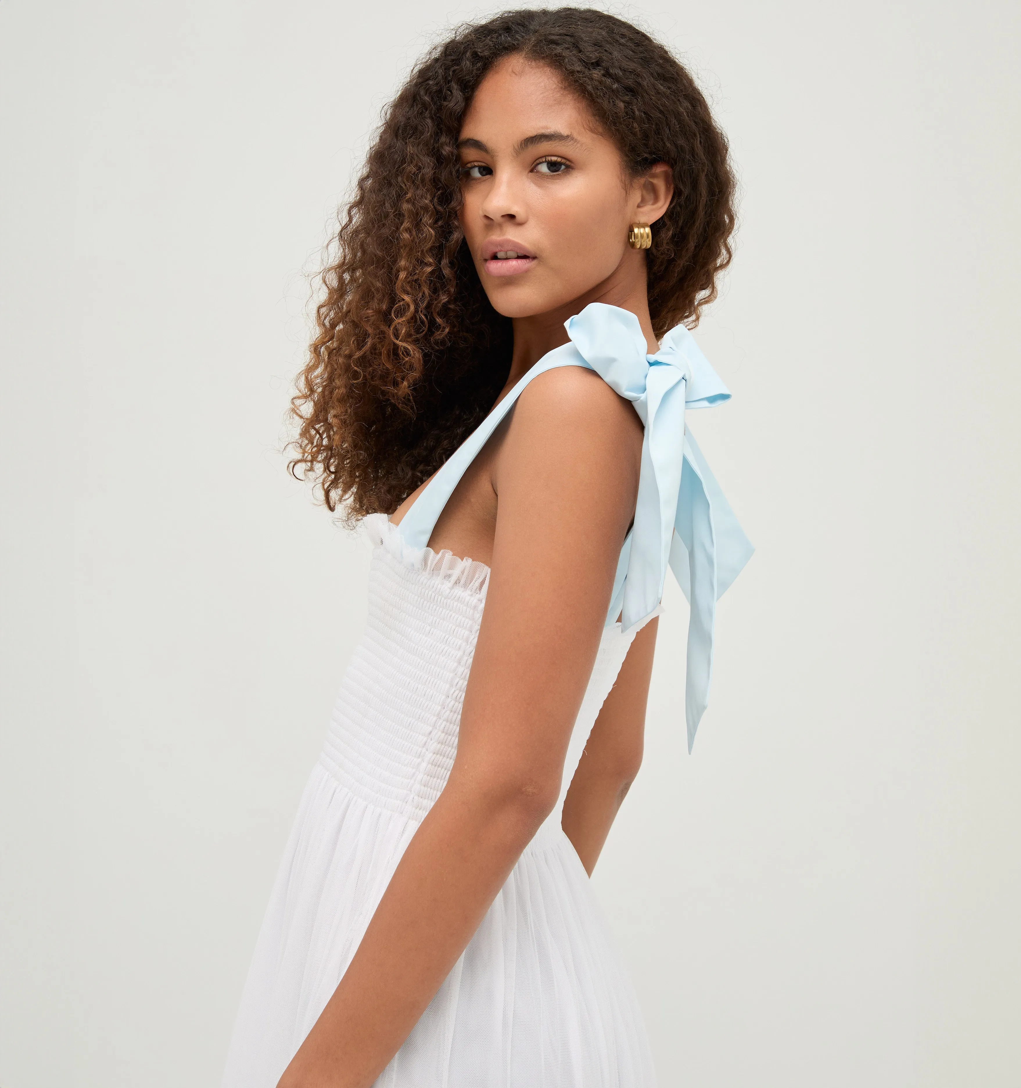 The Tulle Ribbon Ellie Nap Dress - White Tulle with Blue Ribbon