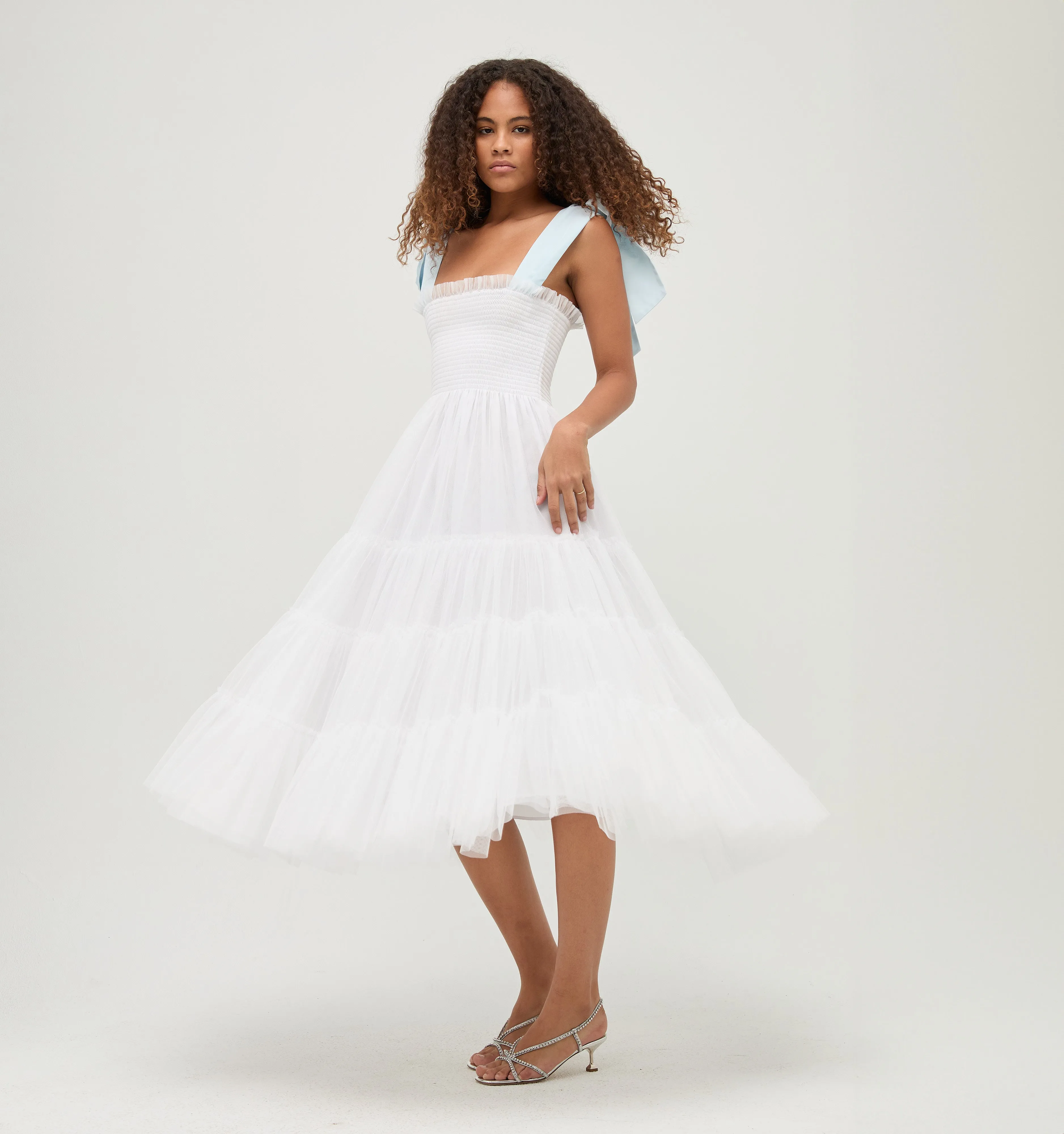 The Tulle Ribbon Ellie Nap Dress - White Tulle with Blue Ribbon