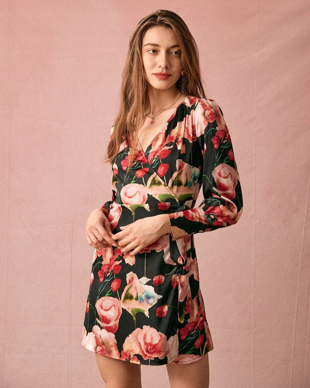 The V Neck Long Sleeve Floral Wrap Mini Dress