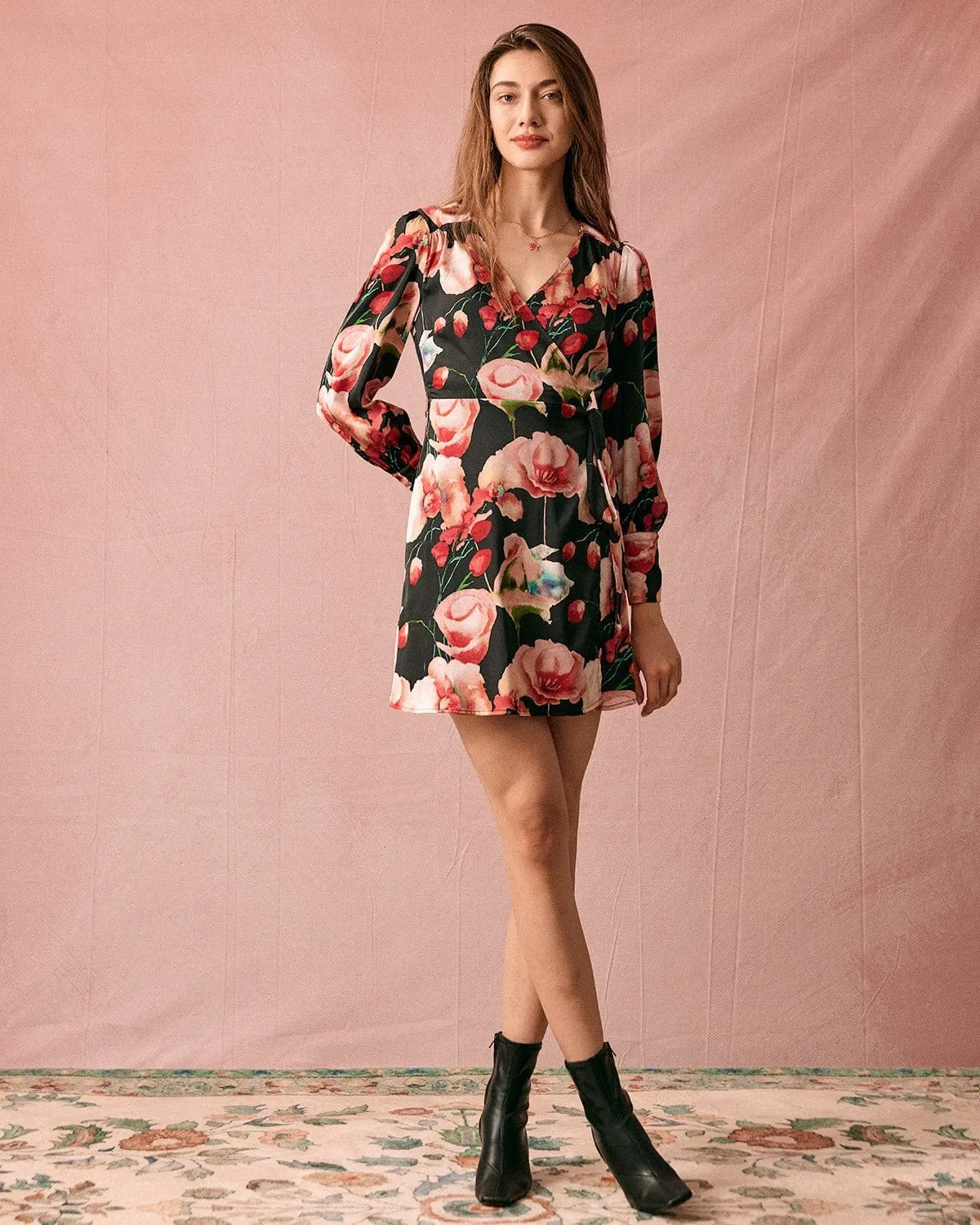 The V Neck Long Sleeve Floral Wrap Mini Dress