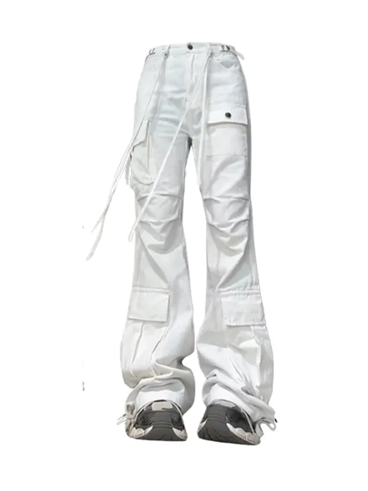 Toleet White Cargo Pants Women 2024 New Fashion More Than A Pocket High Waisted Jeans Streetwear Lace Up Full Length Flare Jeans