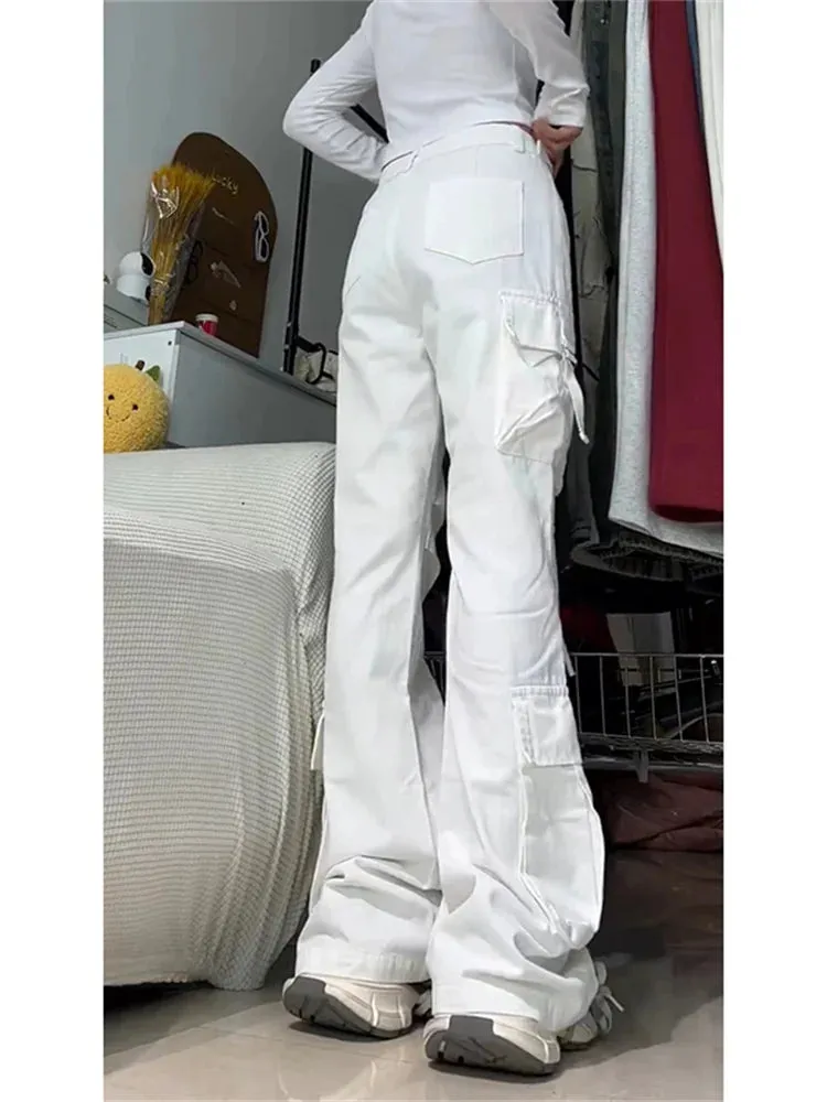 Toleet White Cargo Pants Women 2024 New Fashion More Than A Pocket High Waisted Jeans Streetwear Lace Up Full Length Flare Jeans