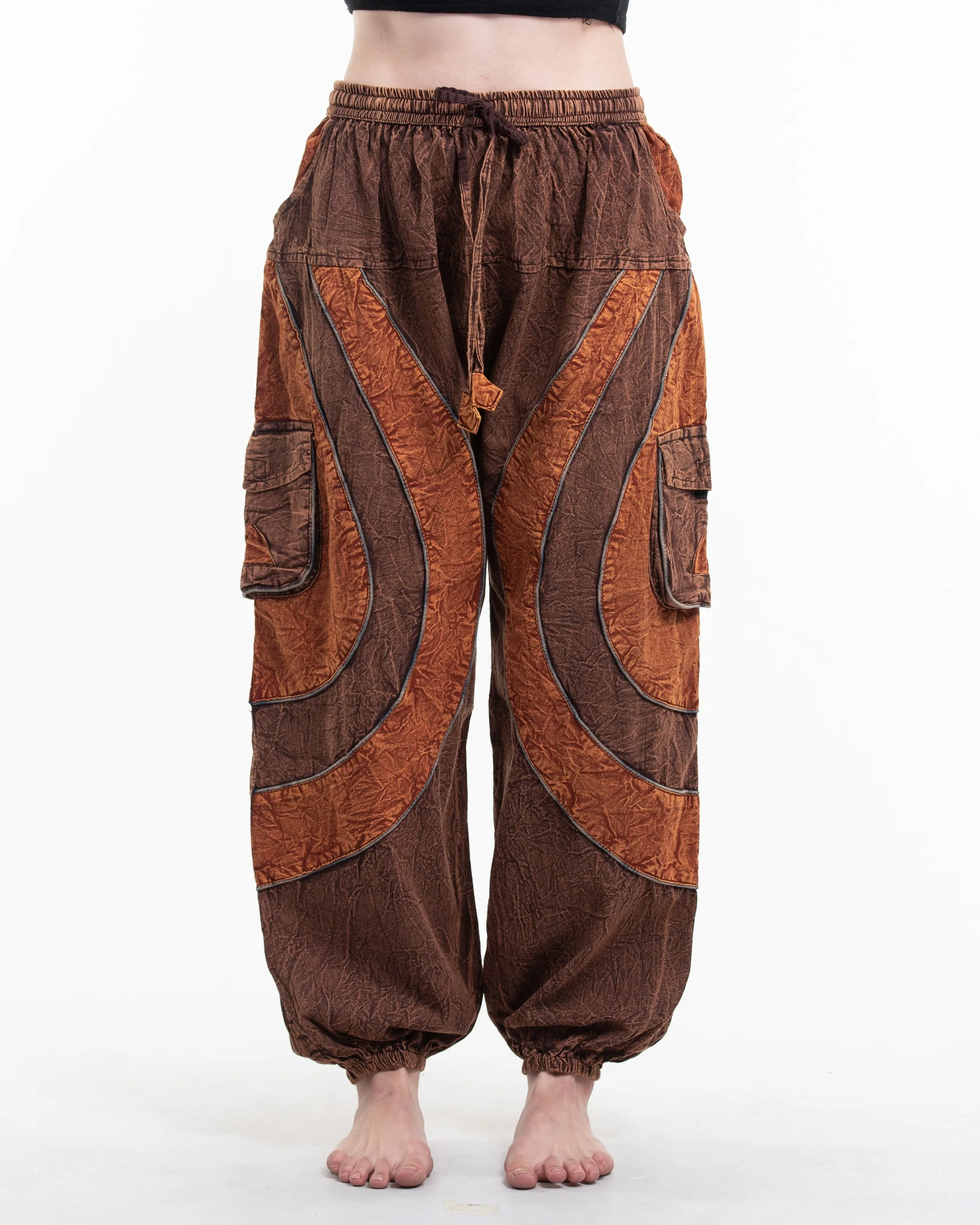 Unisex Patchwork Stone Washed Cargo Cotton Pants in Brown 04