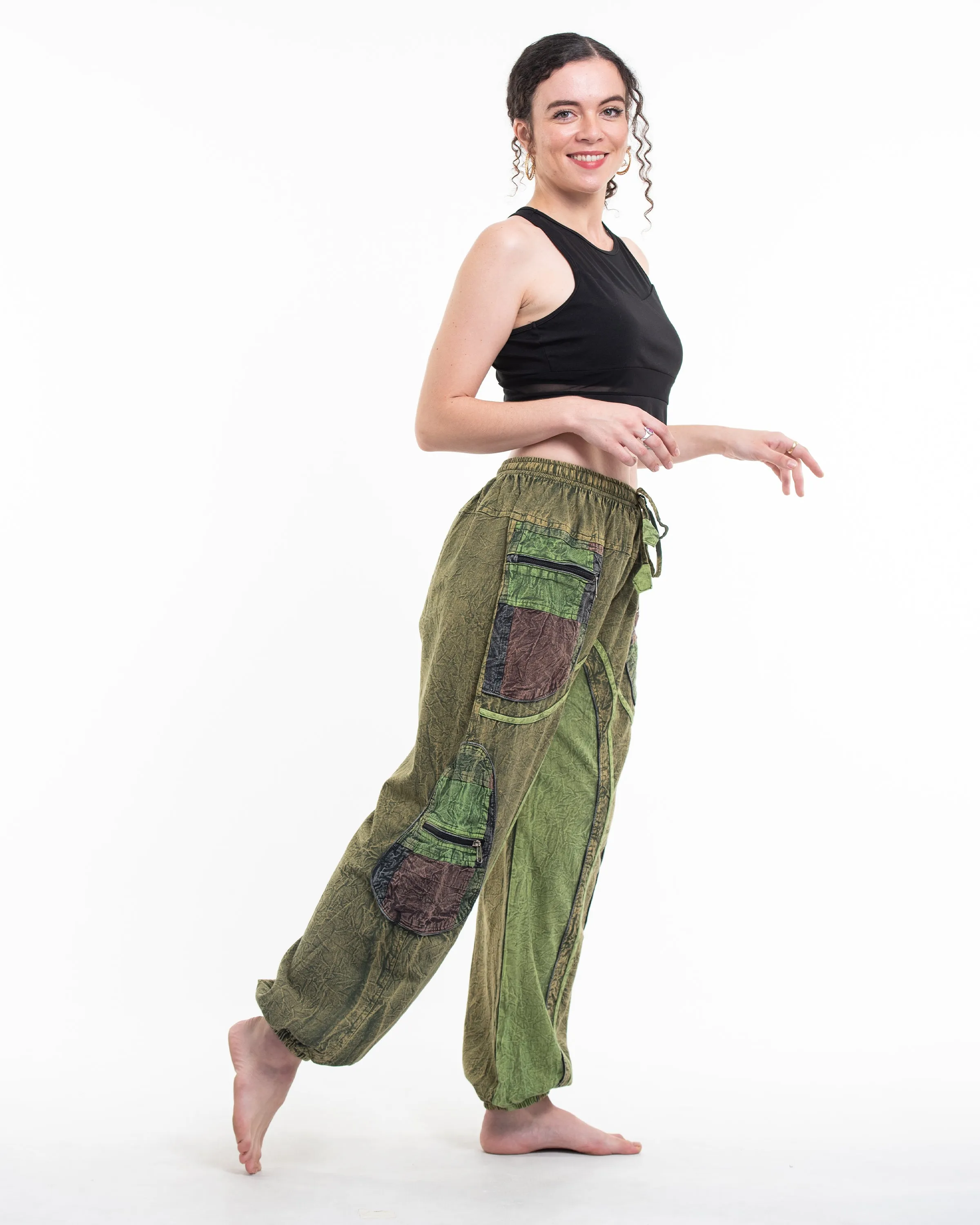 Unisex Patchwork Stone Washed Cargo Cotton Pants in Green 01