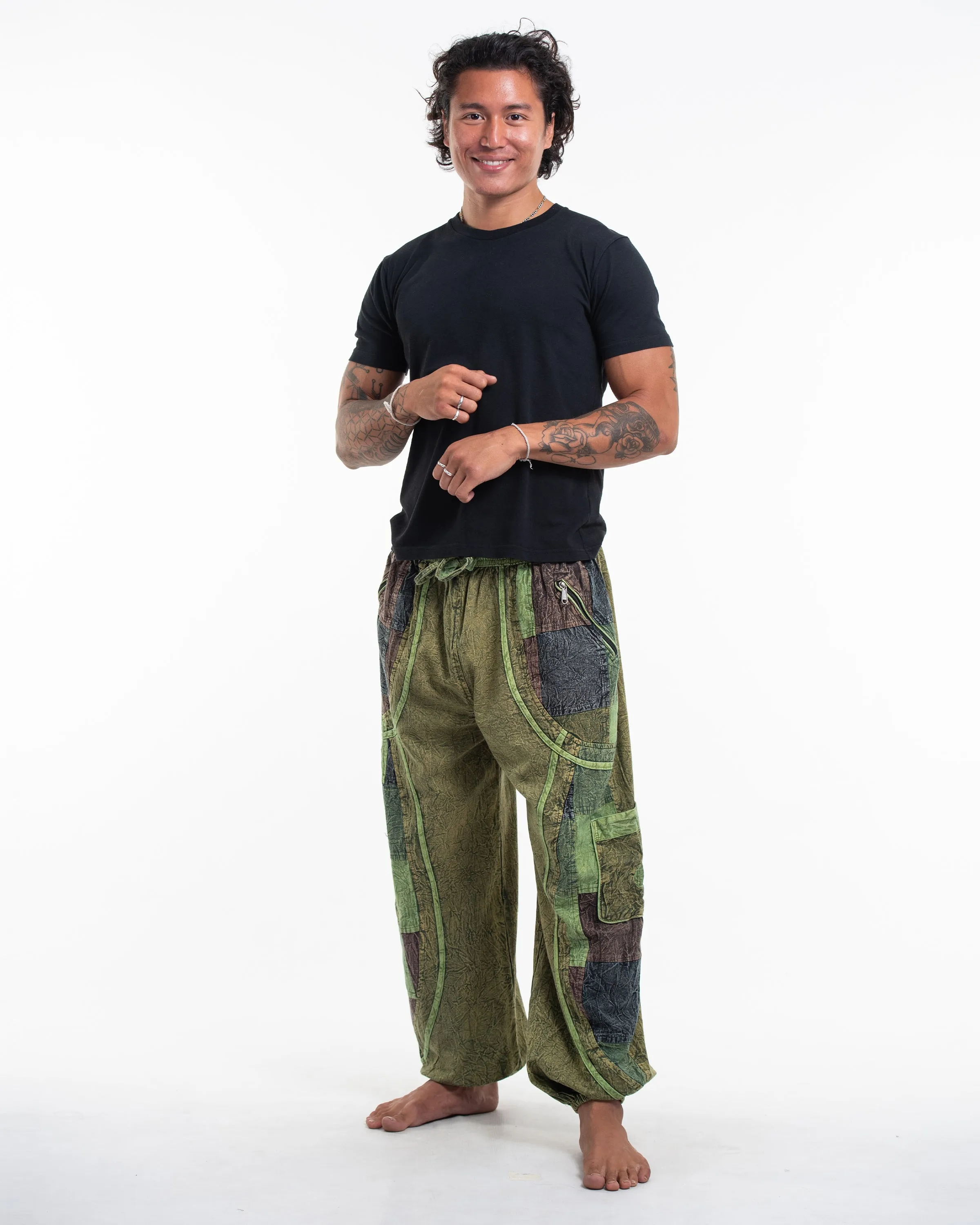 Unisex Patchwork Stone Washed Cargo Cotton Pants in Green 02