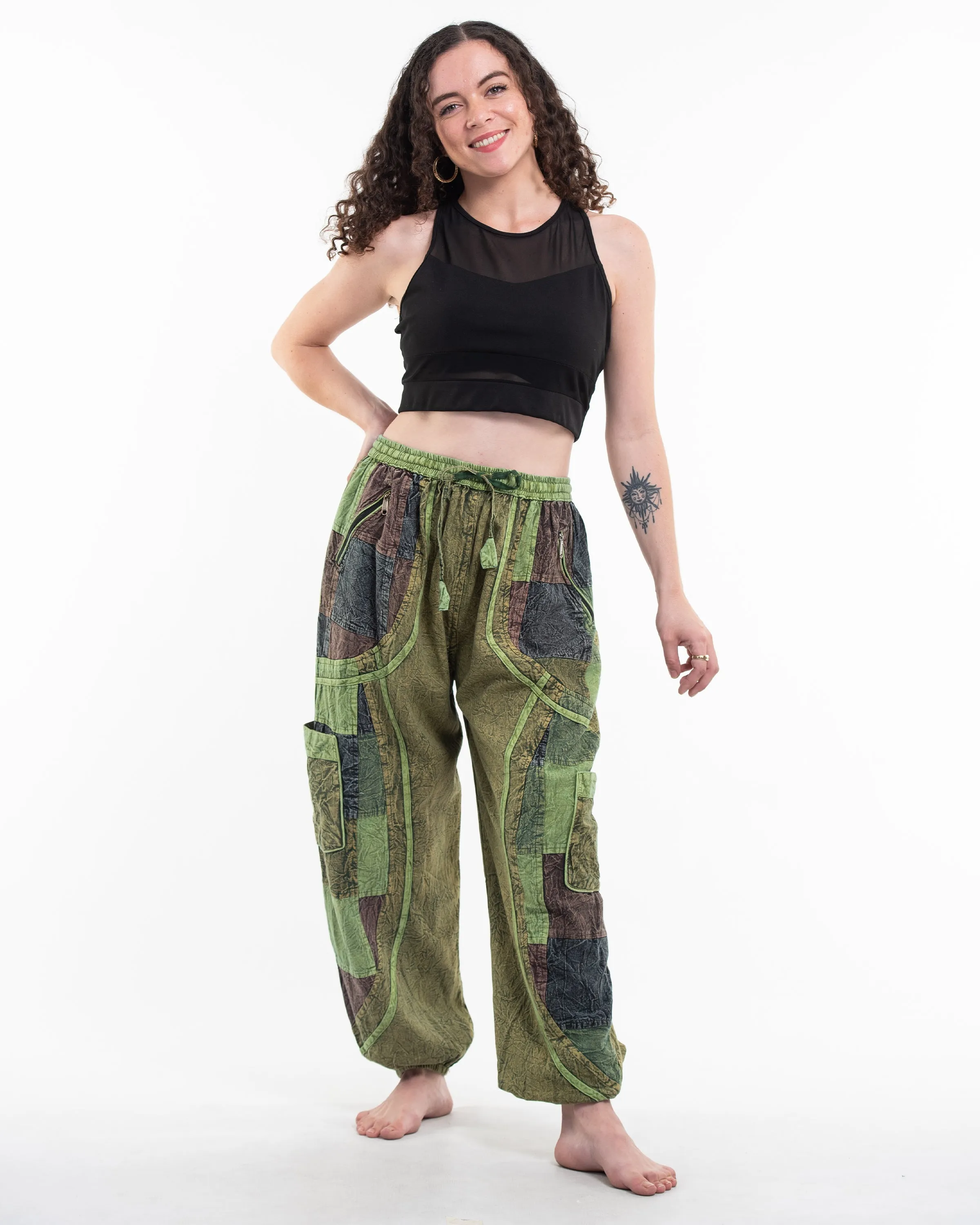 Unisex Patchwork Stone Washed Cargo Cotton Pants in Green 02