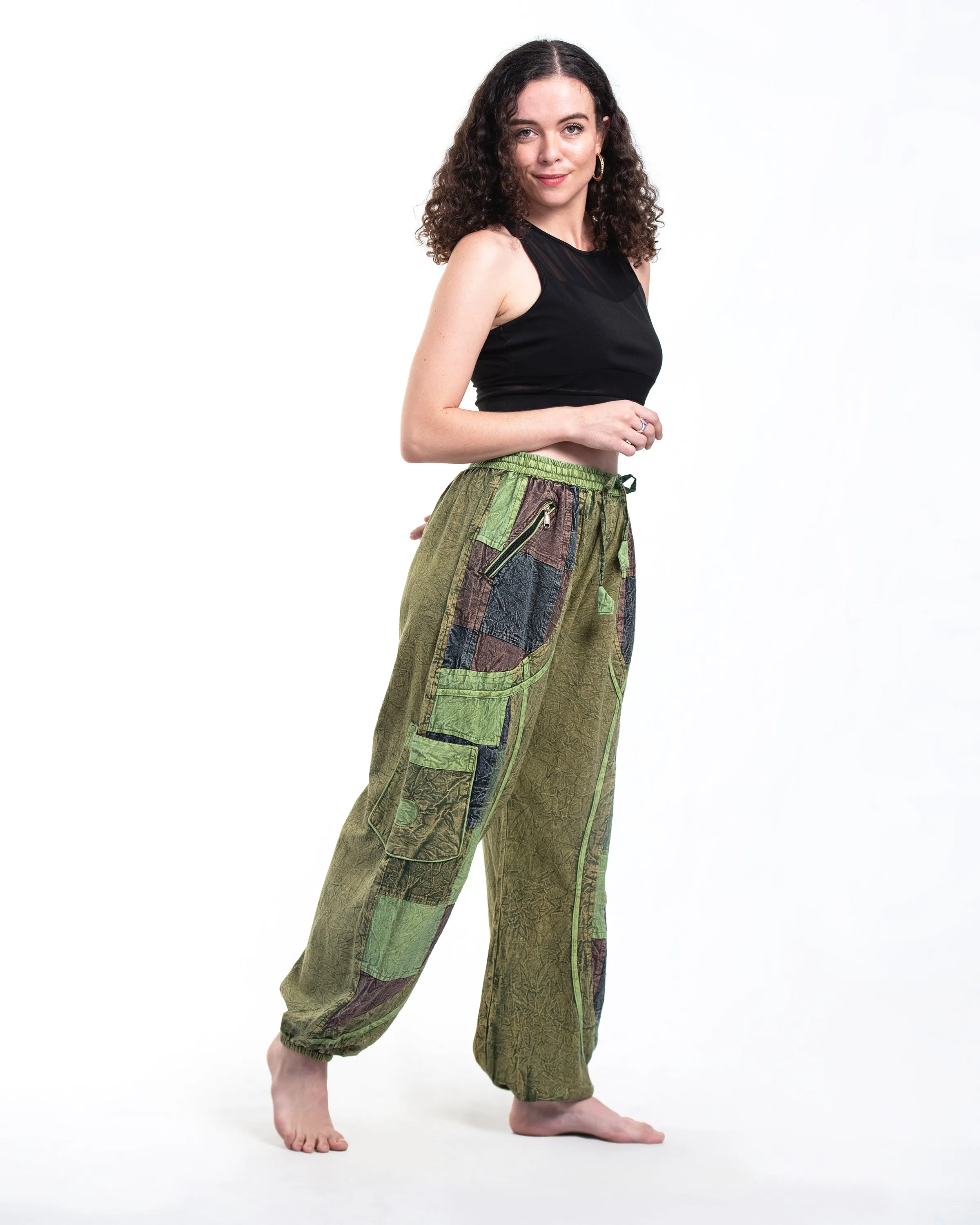 Unisex Patchwork Stone Washed Cargo Cotton Pants in Green 02