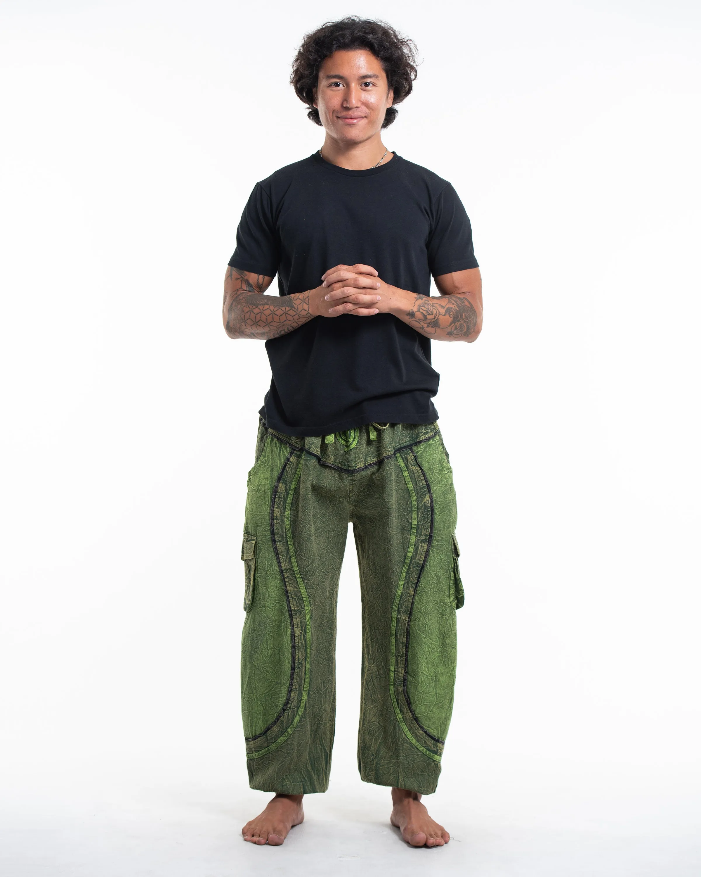 Unisex Patchwork Stone Washed Cargo Cotton Pants in Green 03