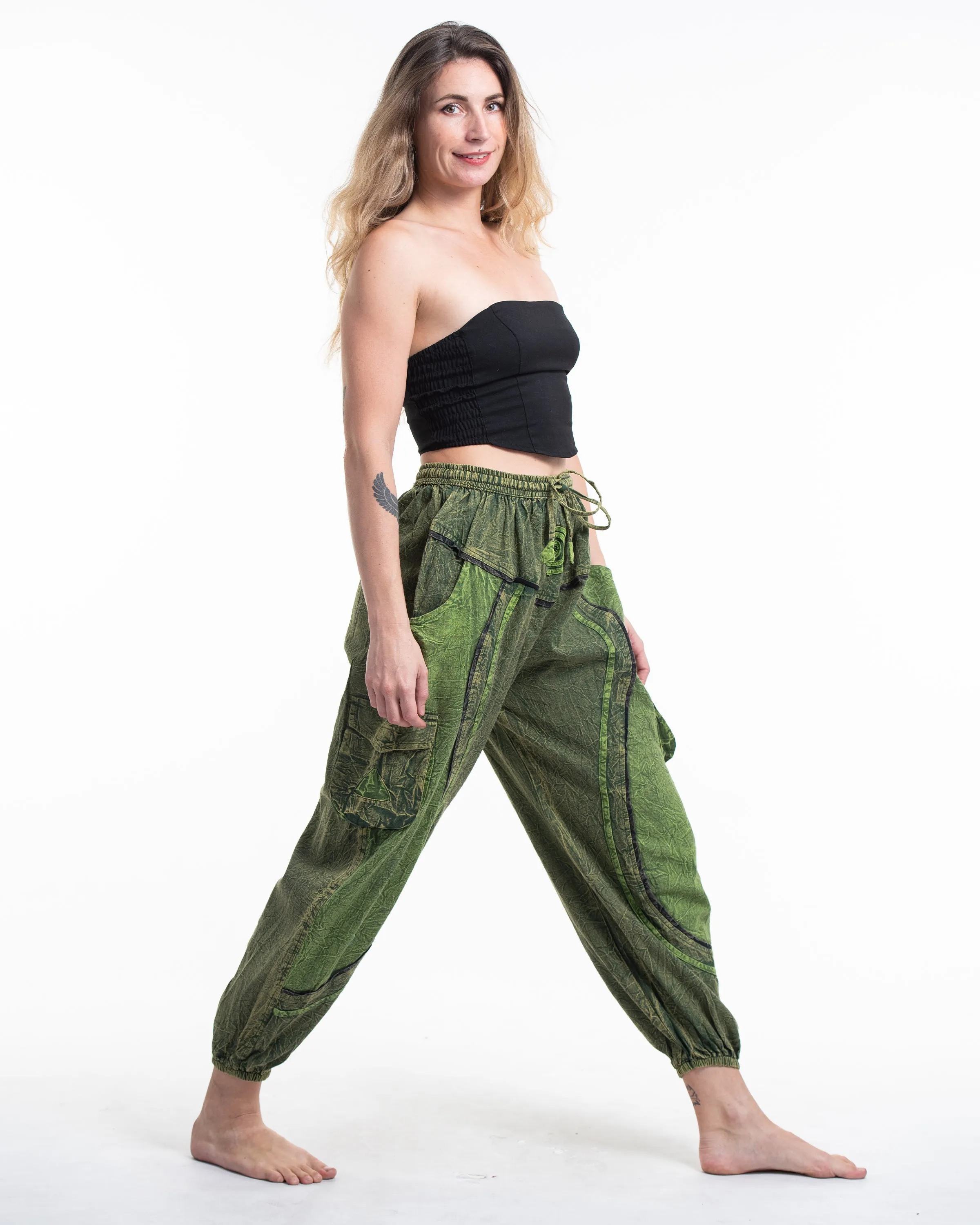 Unisex Patchwork Stone Washed Cargo Cotton Pants in Green 03