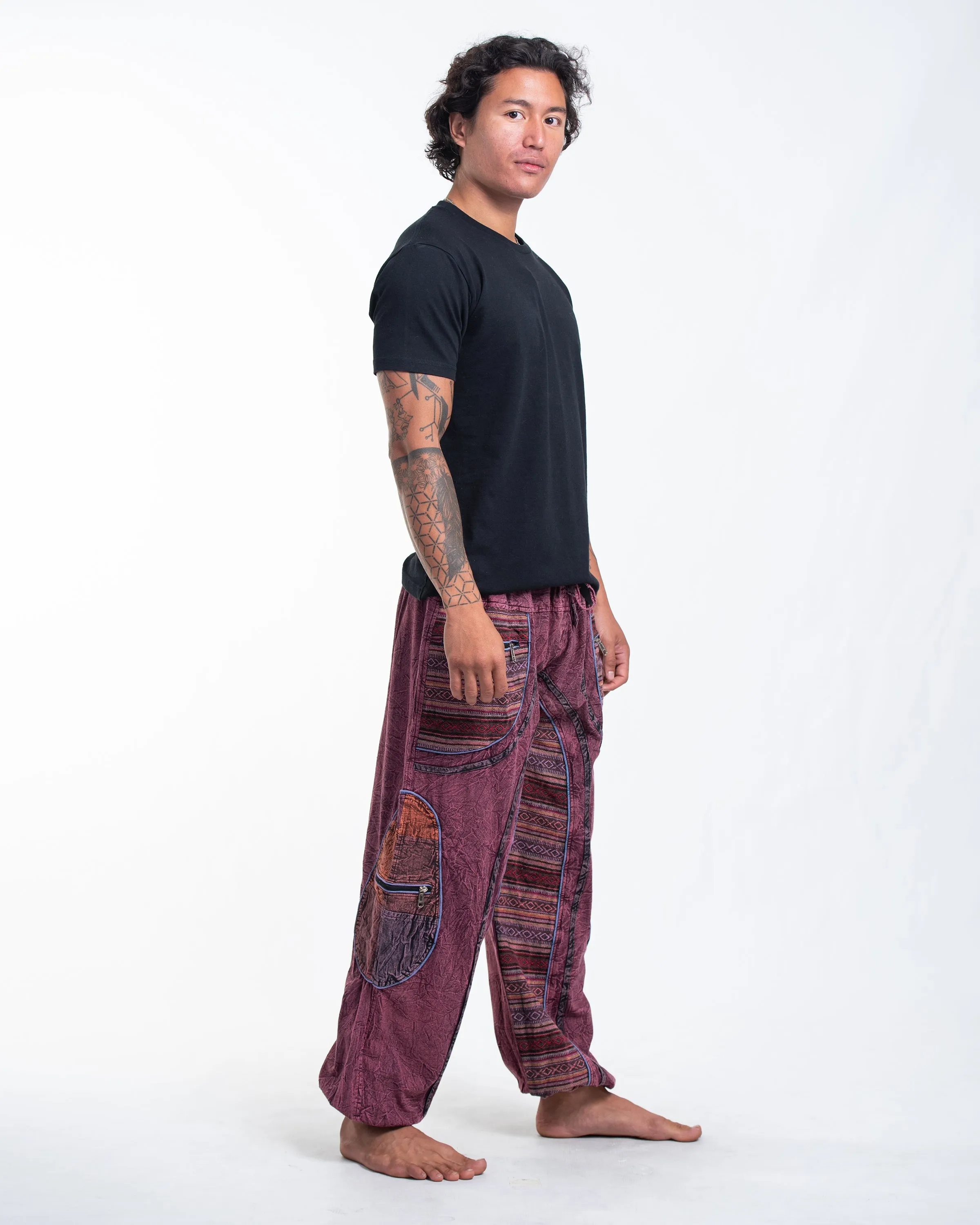 Unisex Patchwork Stone Washed Cargo Cotton Pants in Maroon 06