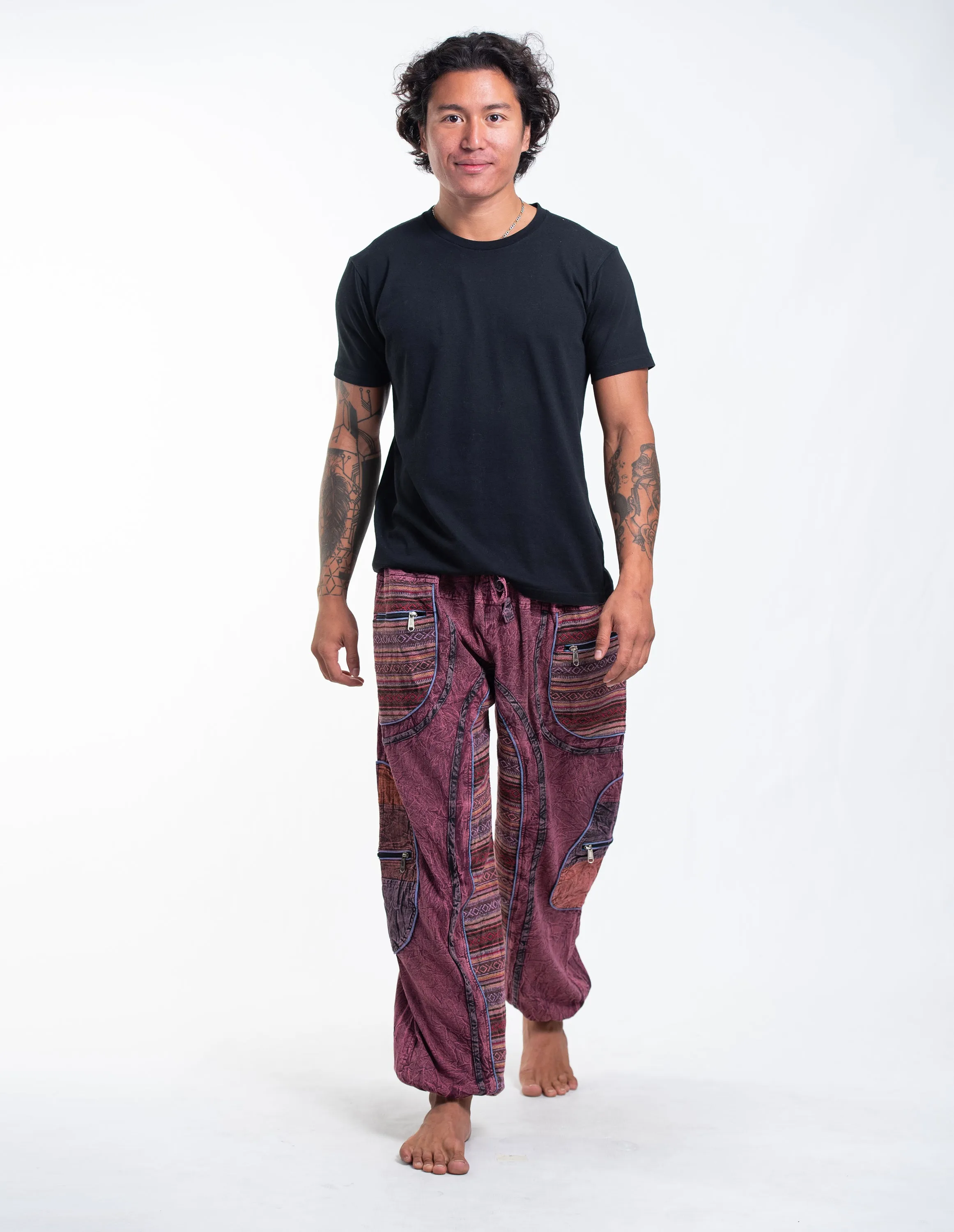 Unisex Patchwork Stone Washed Cargo Cotton Pants in Maroon 06