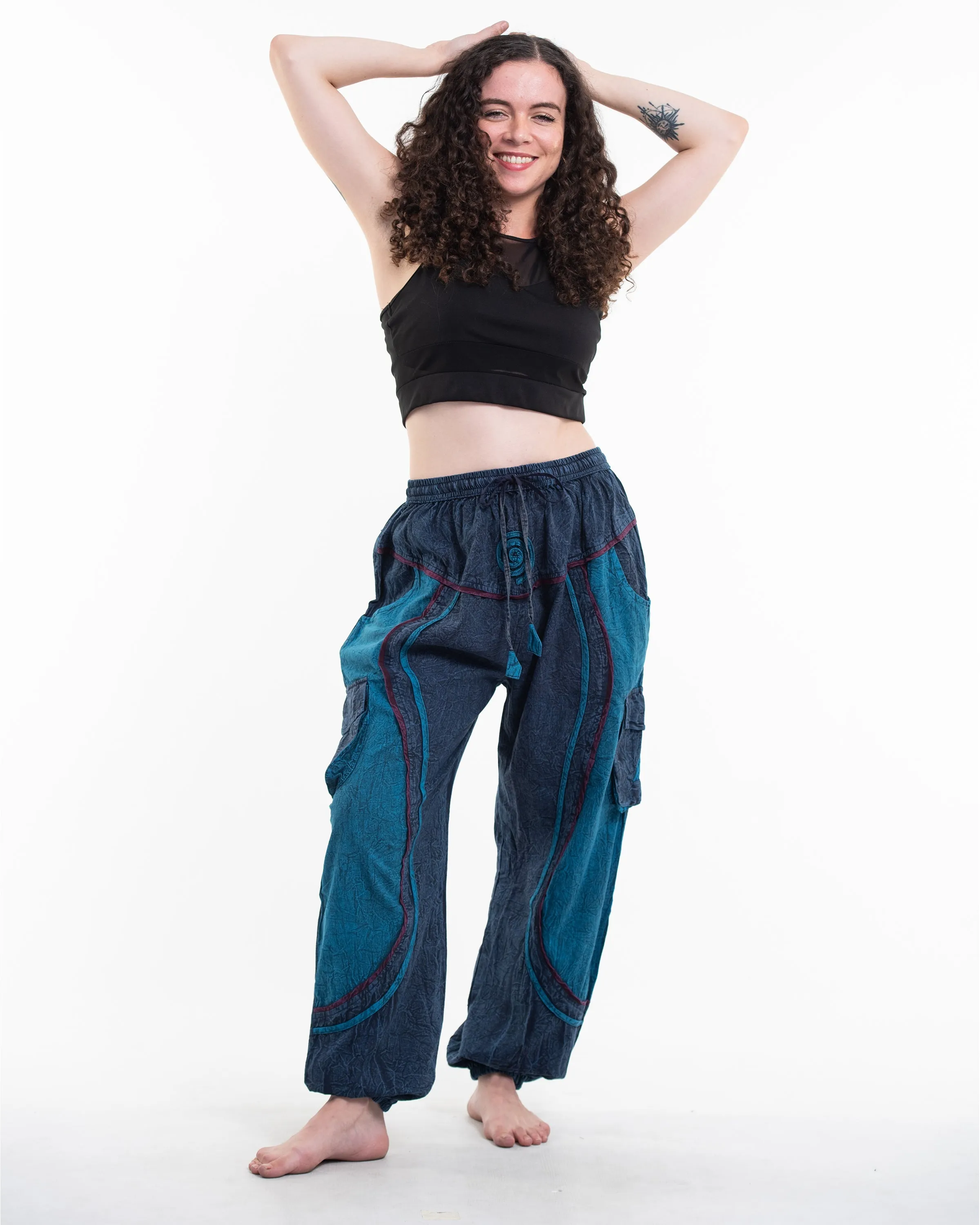 Unisex Patchwork Stone Washed Cargo Cotton Pants in Navy 03