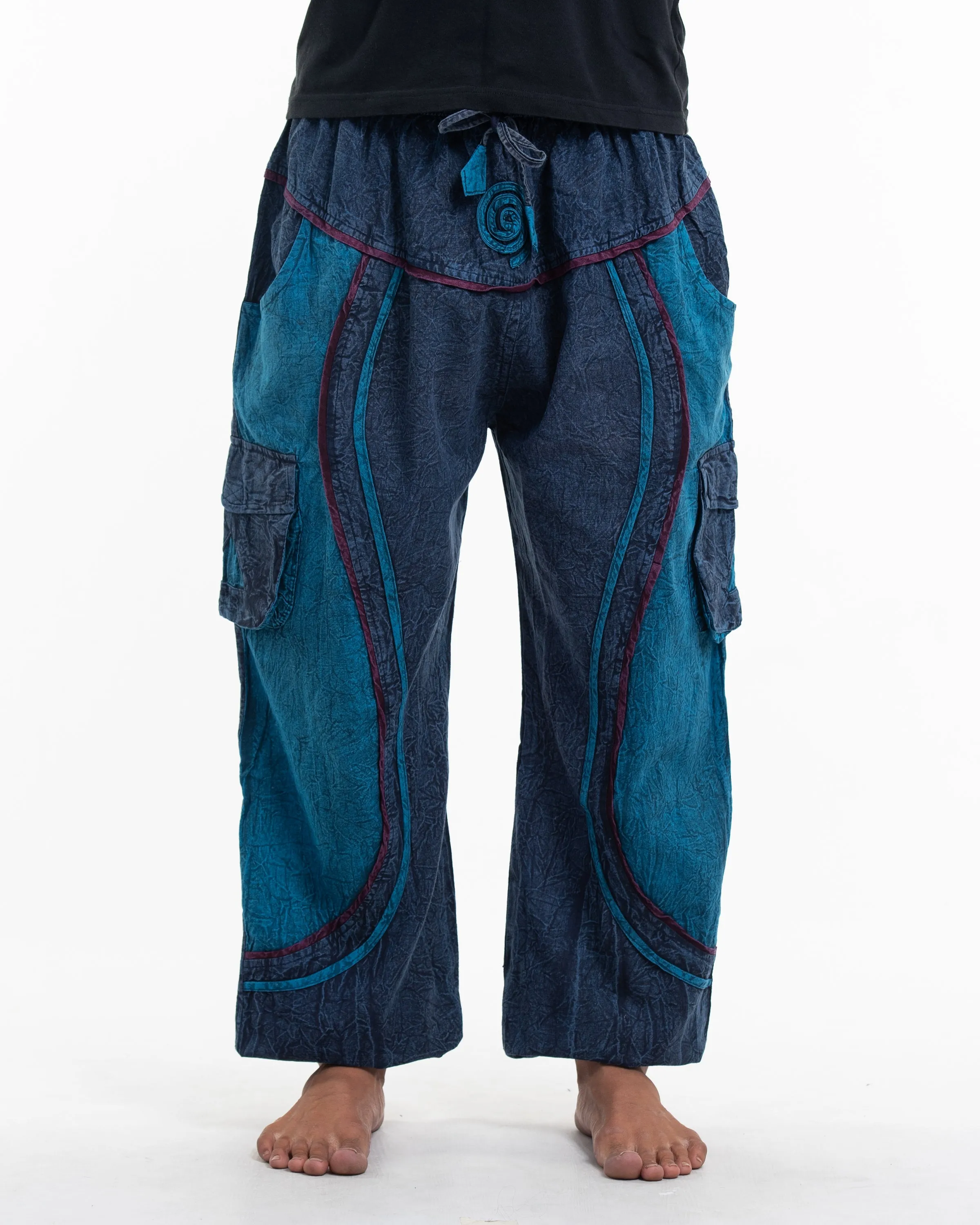 Unisex Patchwork Stone Washed Cargo Cotton Pants in Navy 03