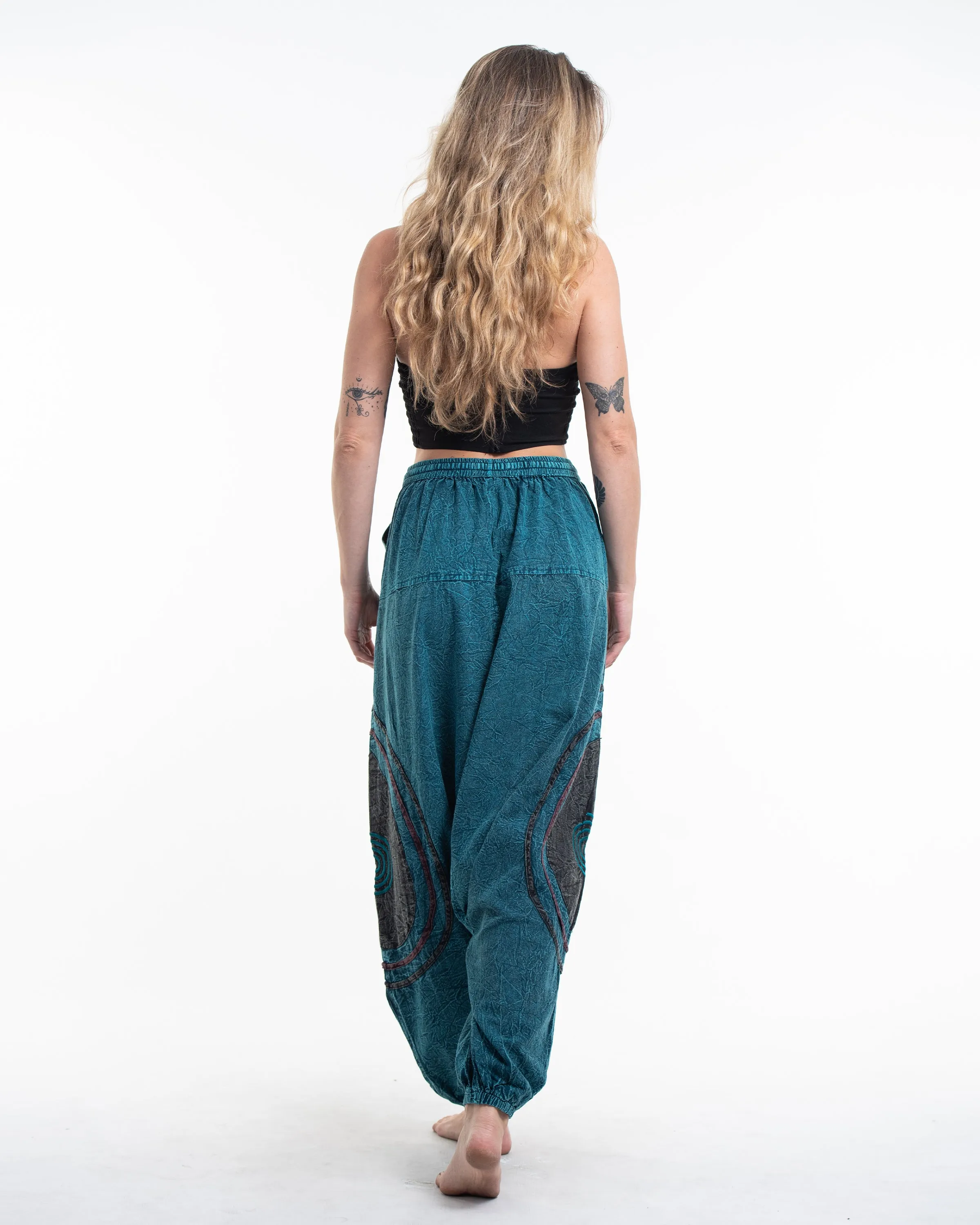 Unisex Patchwork Stone Washed Low Cut Cotton Pants in Blue 01