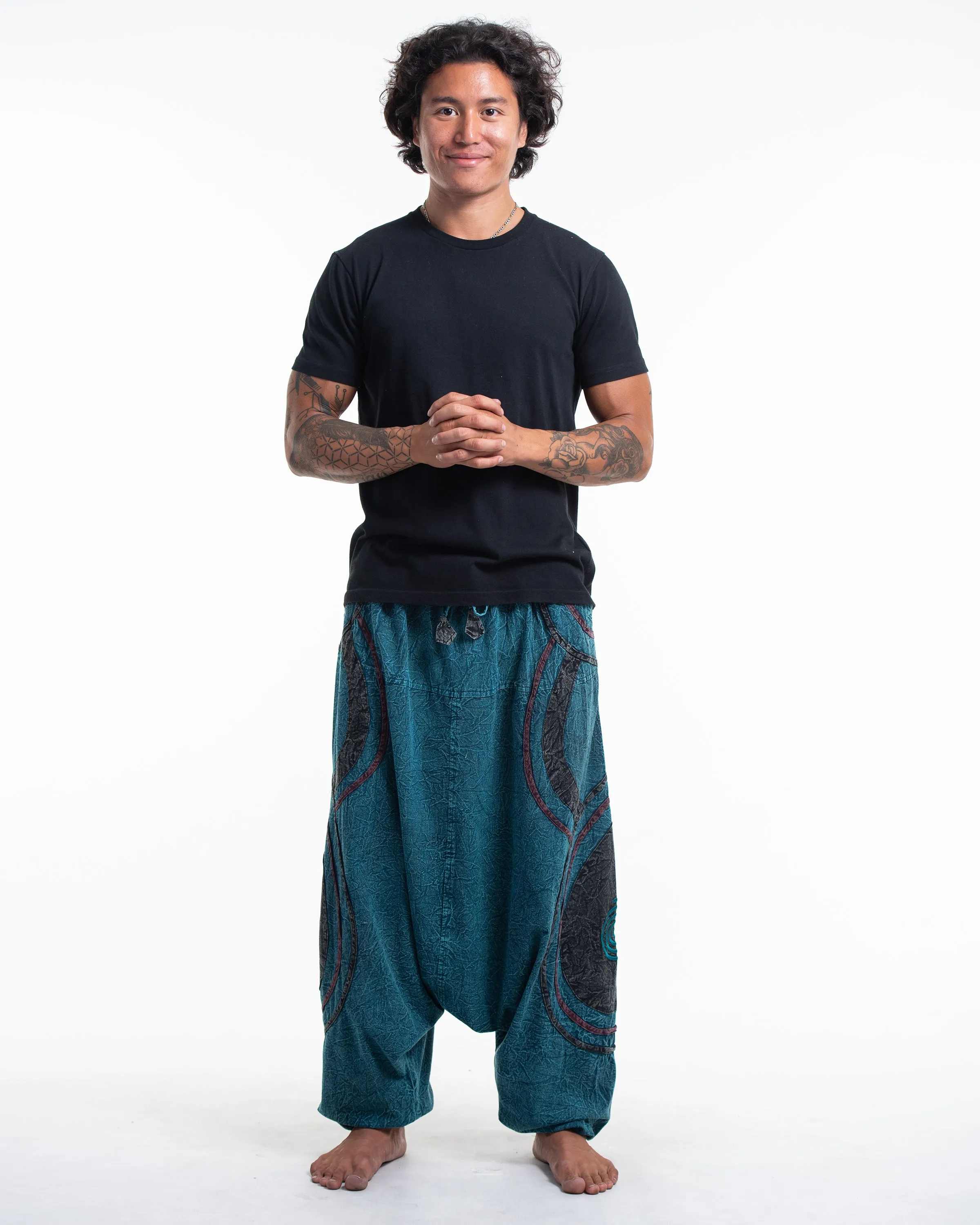 Unisex Patchwork Stone Washed Low Cut Cotton Pants in Blue 01