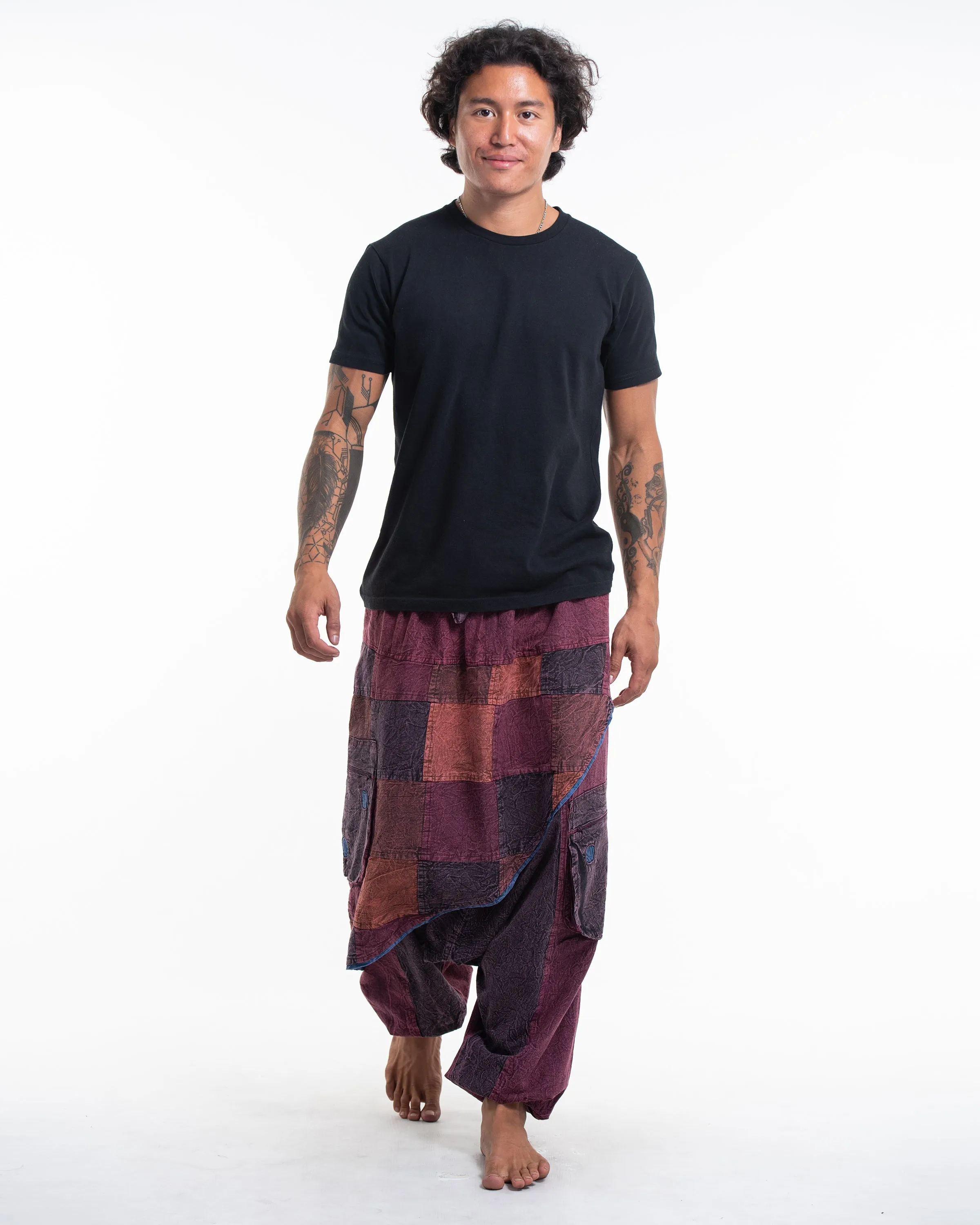 Unisex Patchwork Stone Washed Low Cut Cotton Pants in Maroon 02