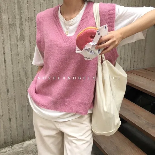 V neck Girls Pullover Autumn Winter Pink Knitted Sweaters Sleeveless Vest