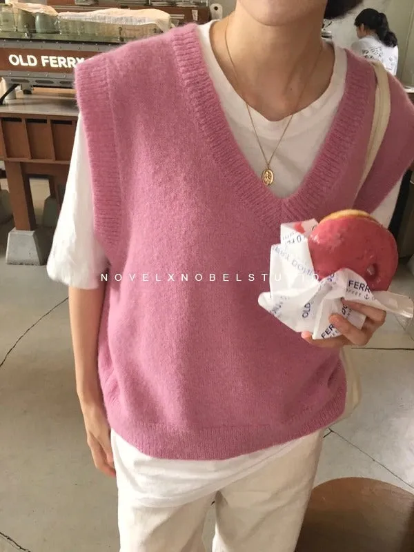 V neck Girls Pullover Autumn Winter Pink Knitted Sweaters Sleeveless Vest