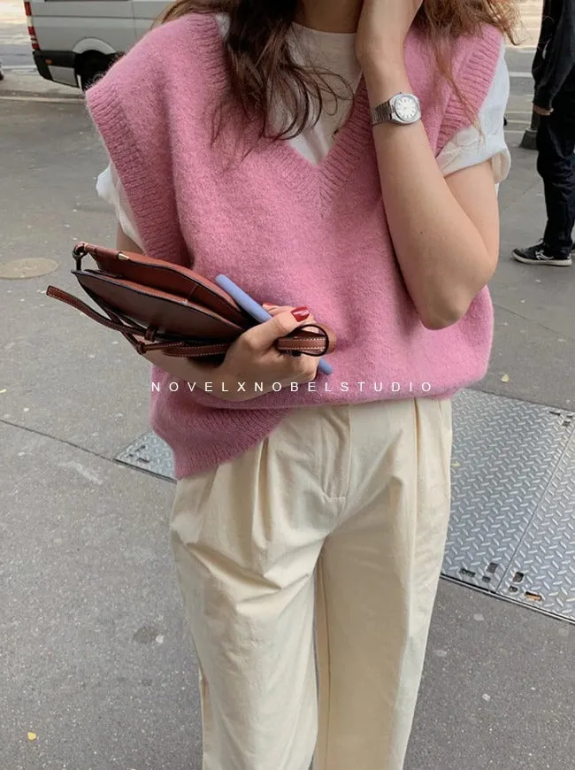 V neck Girls Pullover Autumn Winter Pink Knitted Sweaters Sleeveless Vest