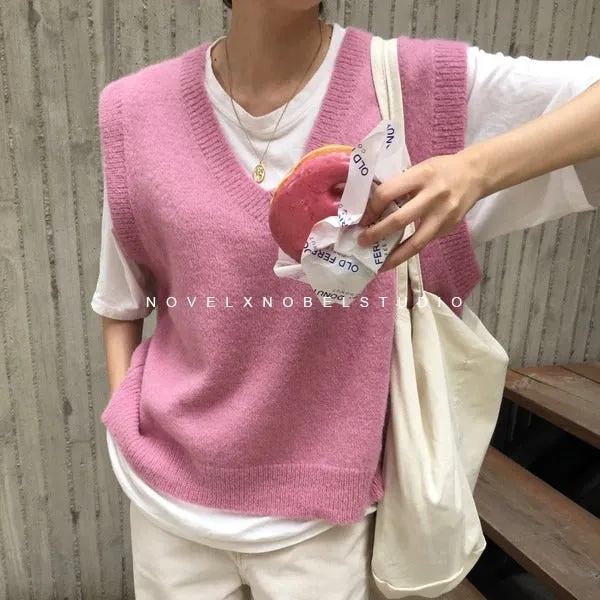 V neck Girls Pullover Autumn Winter Pink Knitted Sweaters Sleeveless Vest