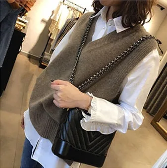 V neck Girls Pullover vest Autumn Winter short Knitted Sleeveless Warm Sweater