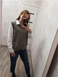 V neck Girls Pullover vest Autumn Winter short Knitted Sleeveless Warm Sweater