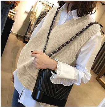 V neck Girls Pullover vest Autumn Winter short Knitted Sleeveless Warm Sweater