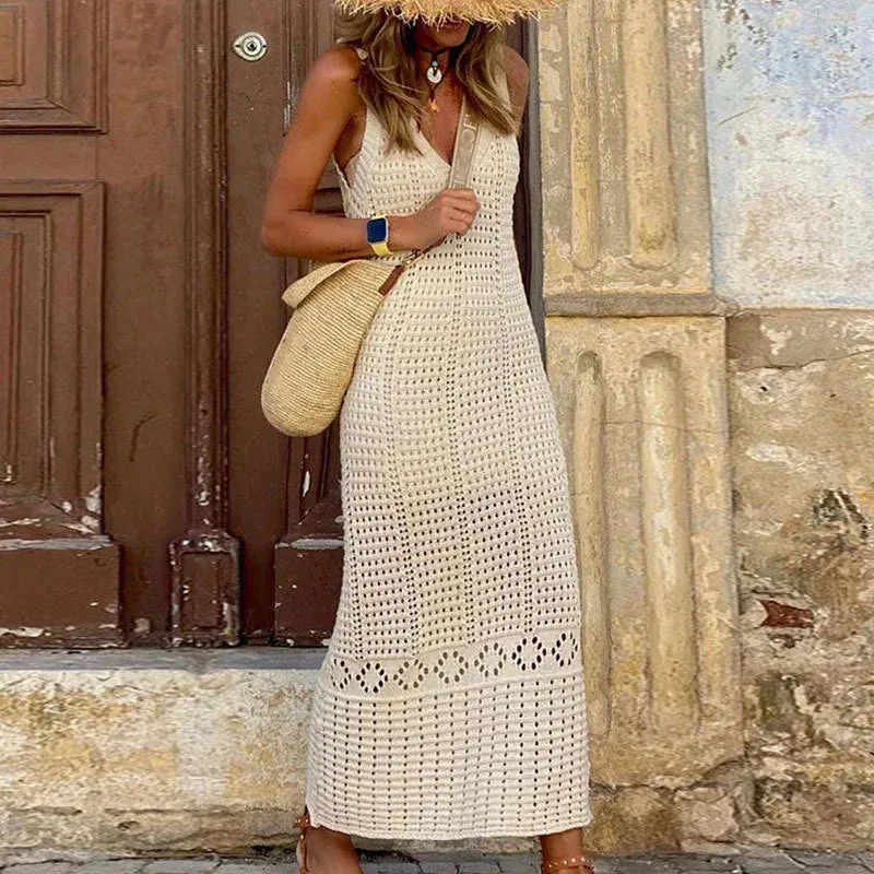 V-neck Knitted Hollow Out Long Vest Cover Up New Loose 's Vestidos Summer Sexy Dress