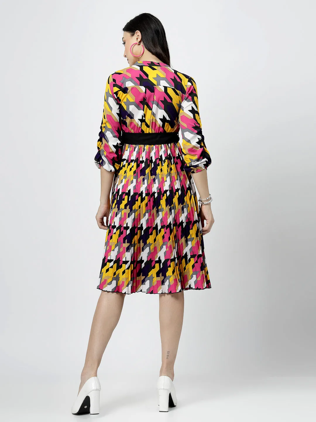 V-neck with Band Collar Multi Print Pleated Midi Dress And Belt