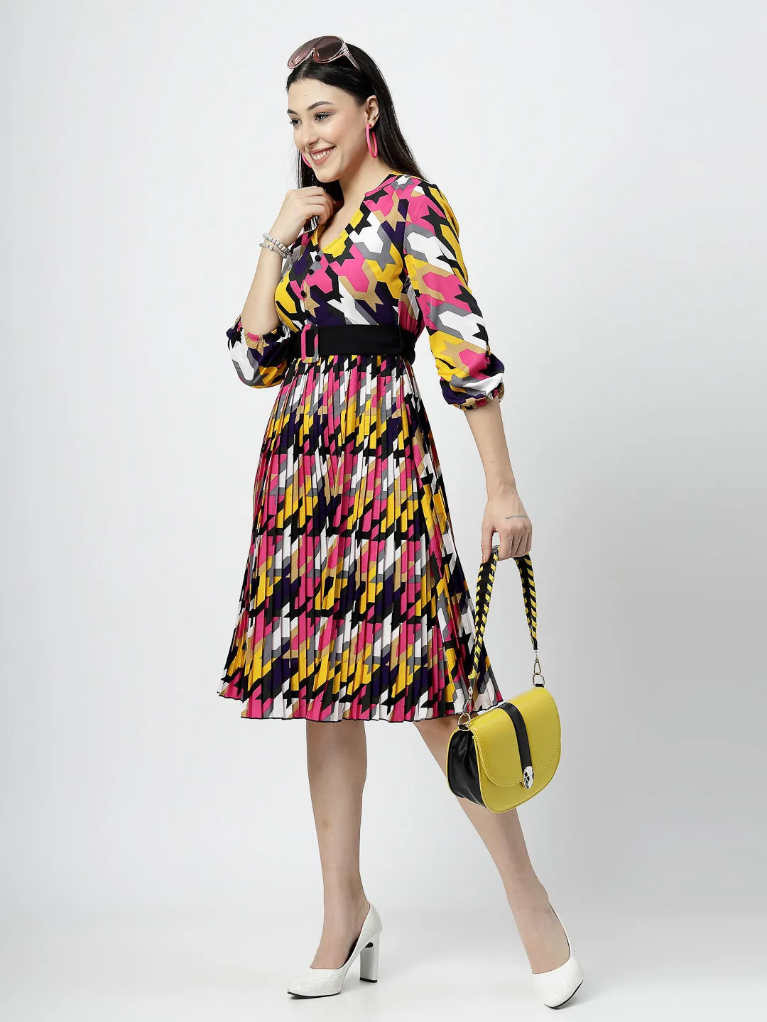 V-neck with Band Collar Multi Print Pleated Midi Dress And Belt