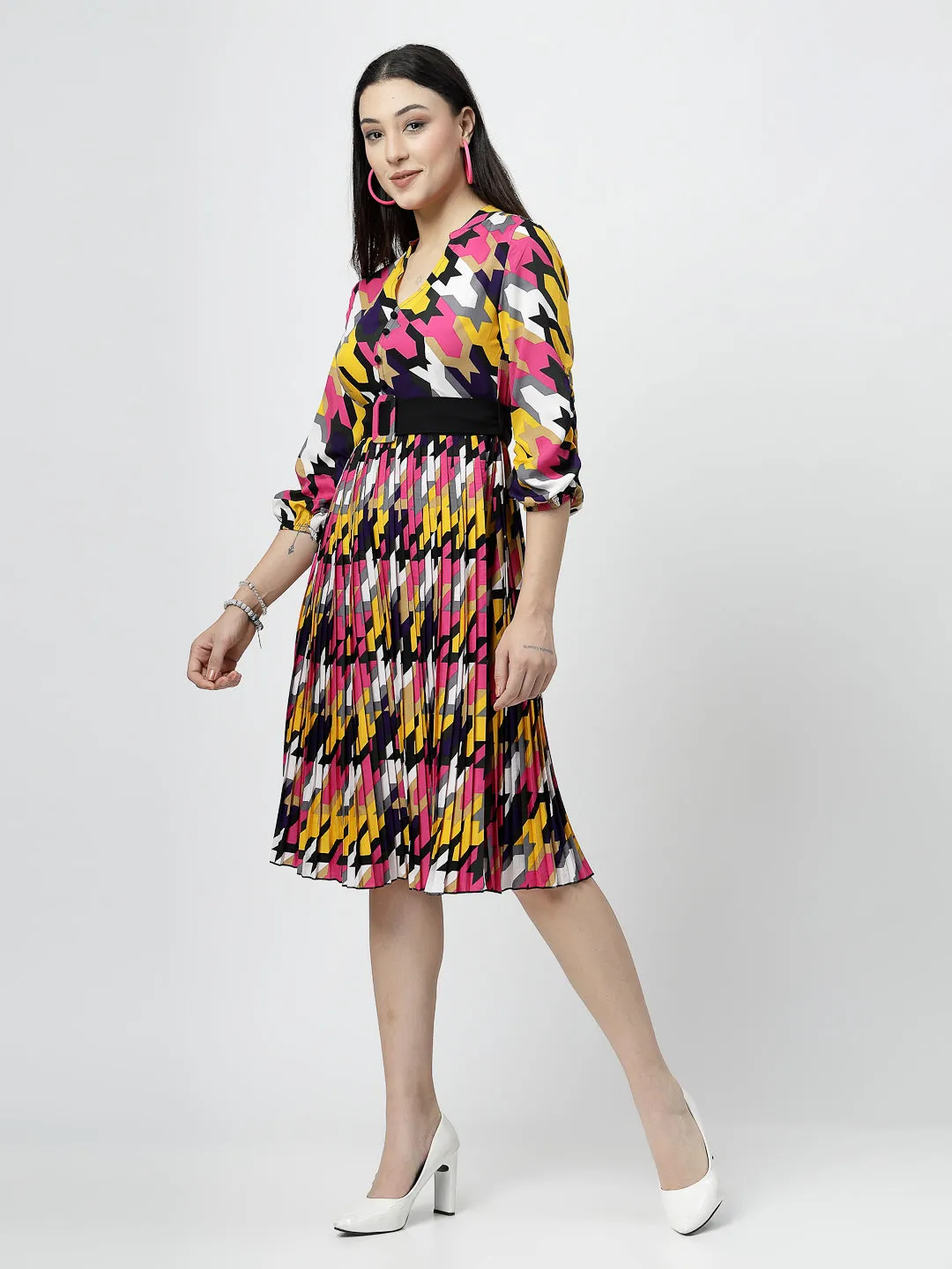 V-neck with Band Collar Multi Print Pleated Midi Dress And Belt