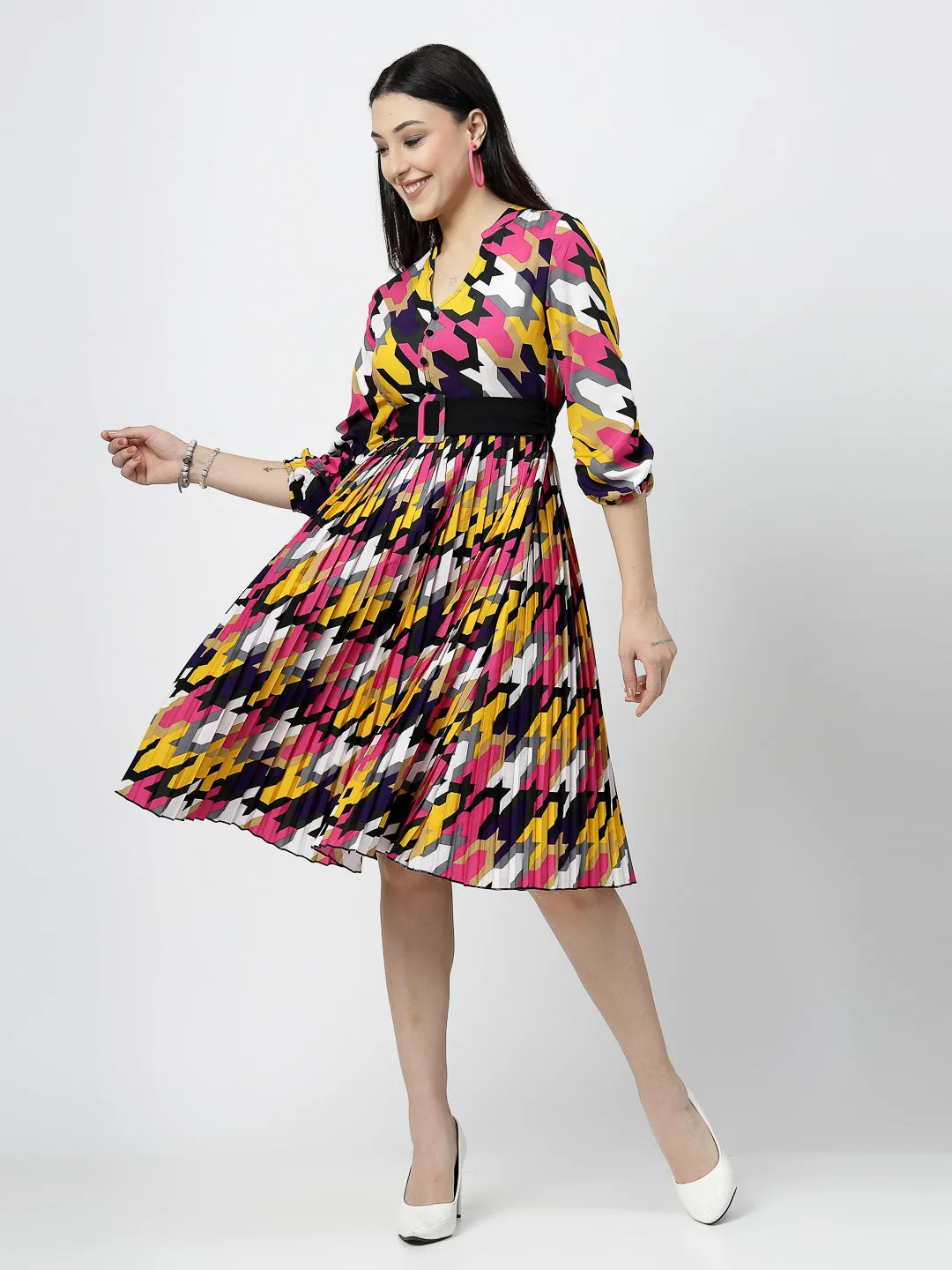 V-neck with Band Collar Multi Print Pleated Midi Dress And Belt