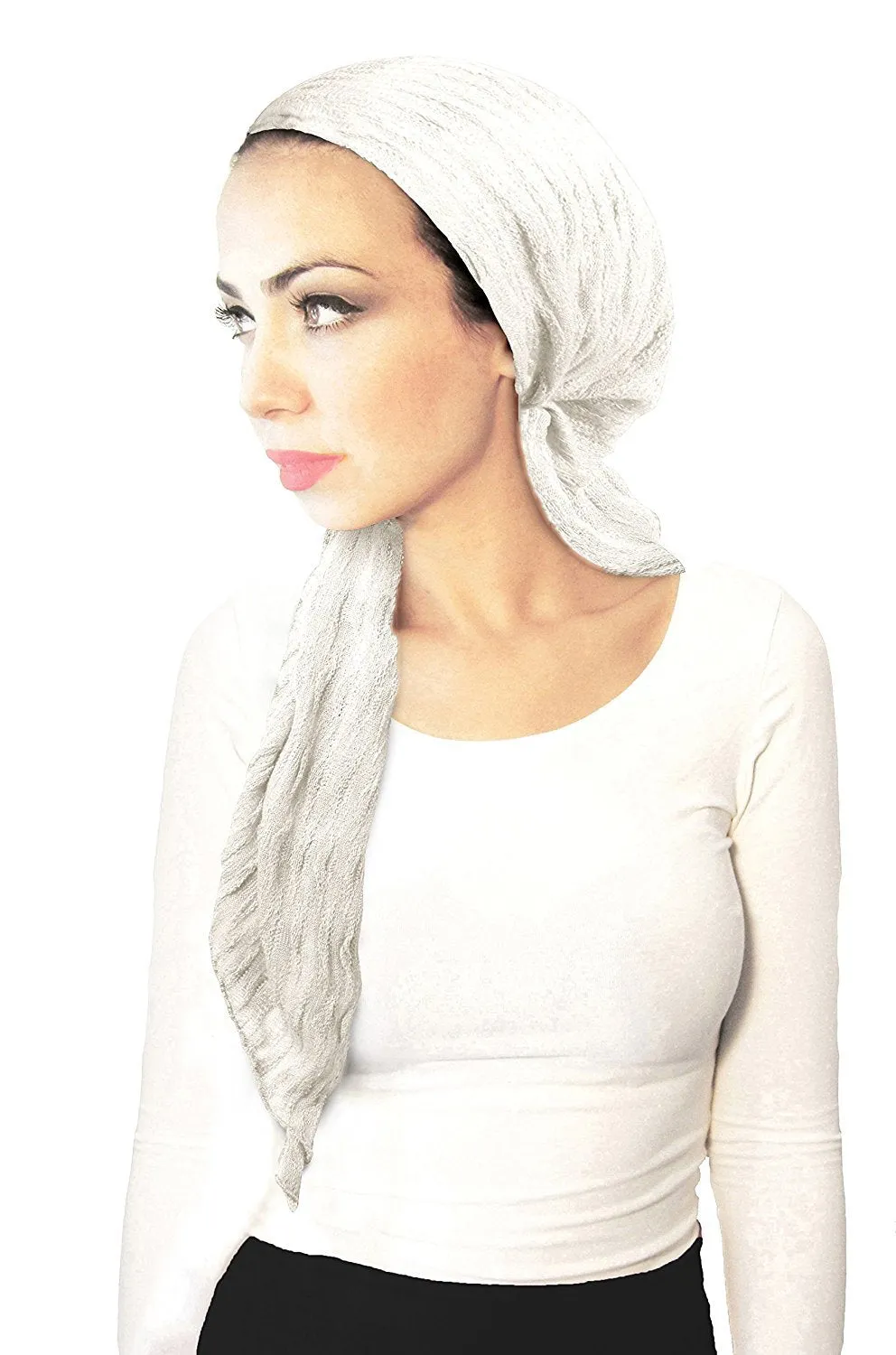 White Boho Chic Pre-tied Head-Scarf Tichel Sparkly Breathable Knit Collection! ShariRose (Off-white sparkle long - 409)