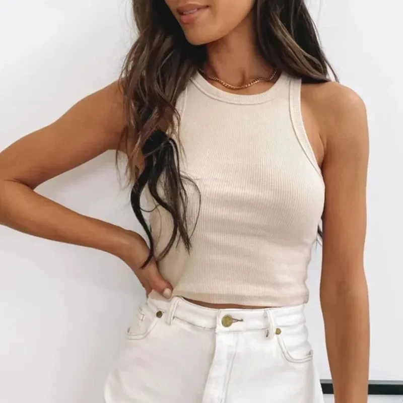 White Ribbed Summer Casual Fitness Short Vest Knitted Off Shoulder Crop Tank Top