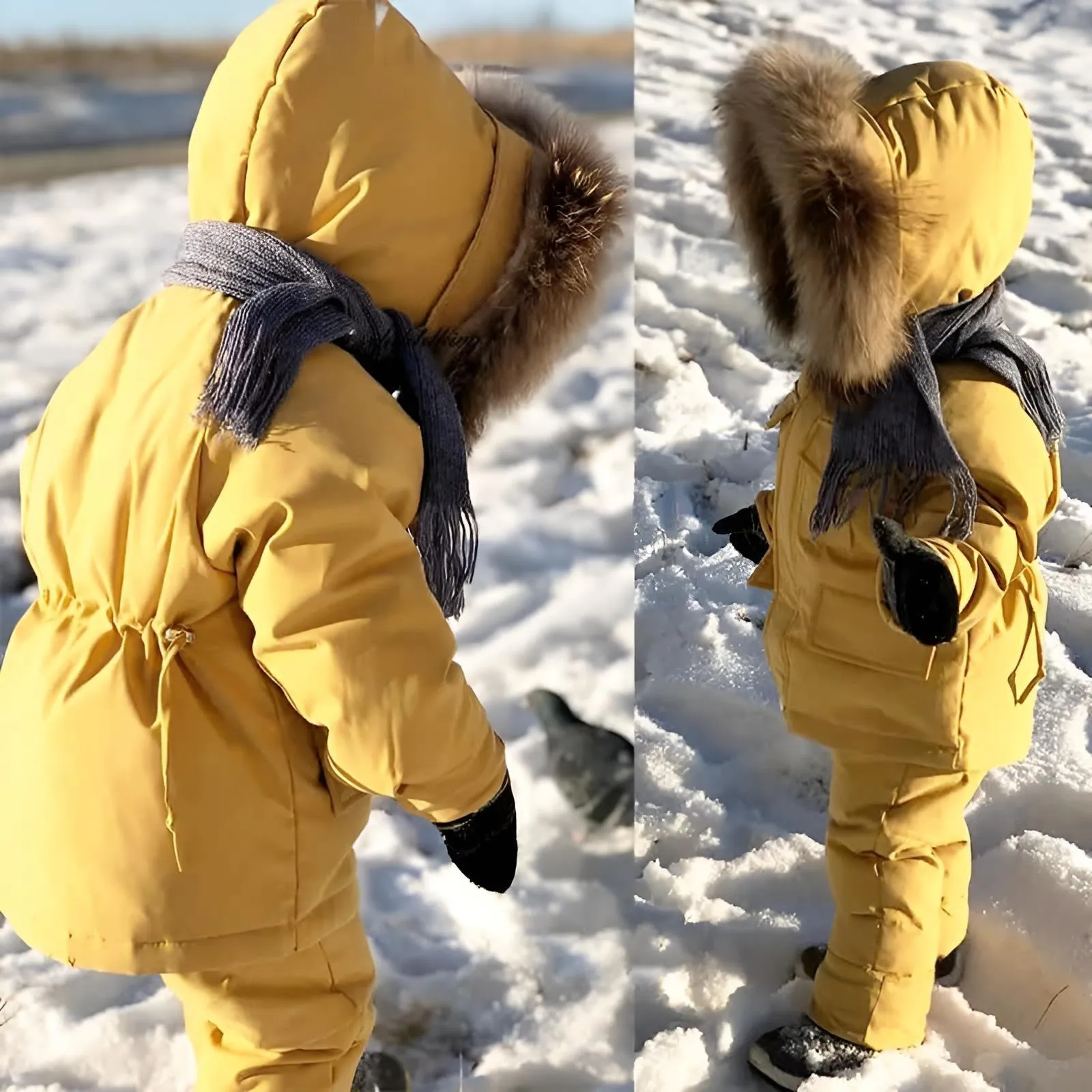 Winter Down Jacket and Snow Pants for Baby With Real Fur Collar