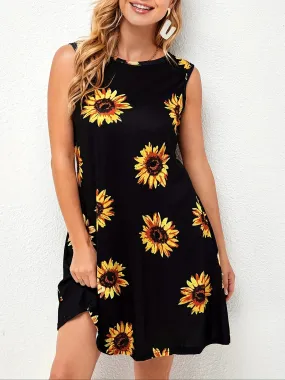 Women Casual Spring Summer O-Neck Sleeveless Sunflower Floral Print knitted Vest Tank Elegant Beach Dresses