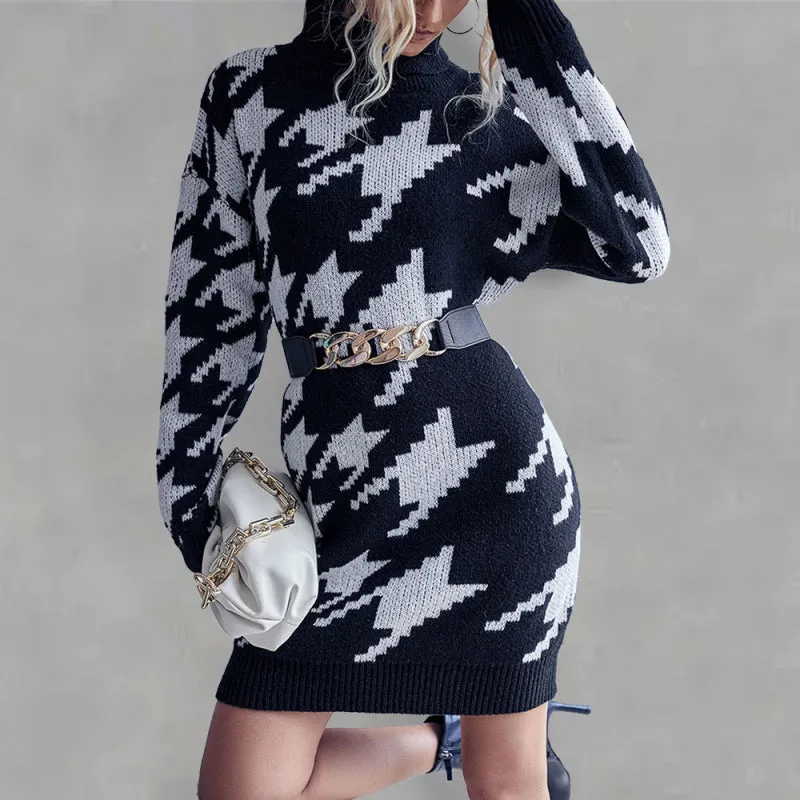 Women’s Loose Fit Retro Print Sweater Dress With High Collar