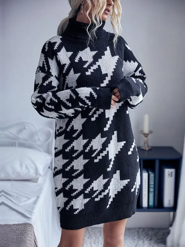 Women’s Loose Fit Retro Print Sweater Dress With High Collar