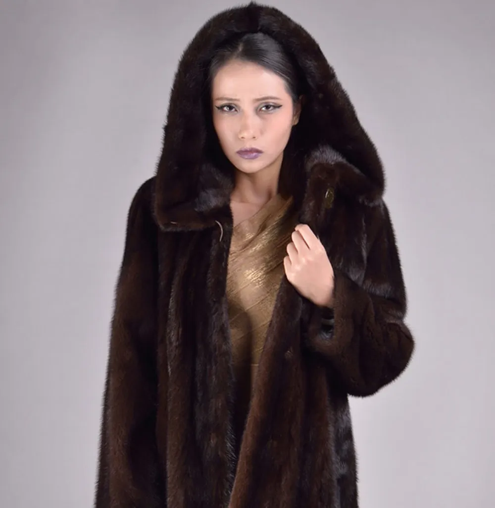 Women's Natural Mink Fur Coat Women Hood Full Winter Coat Women Dress