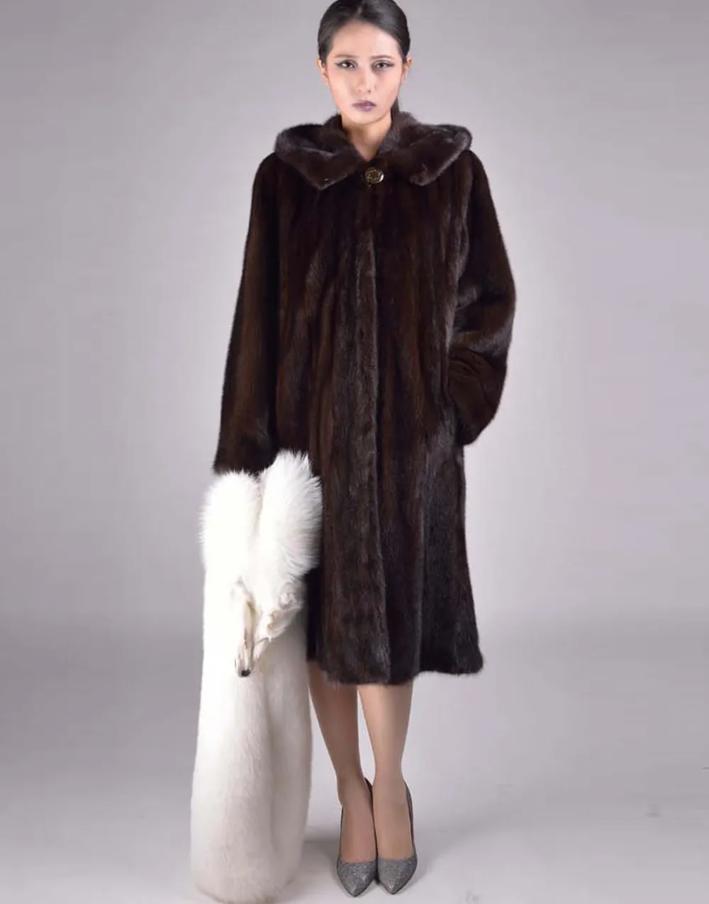 Women's Natural Mink Fur Coat Women Hood Full Winter Coat Women Dress