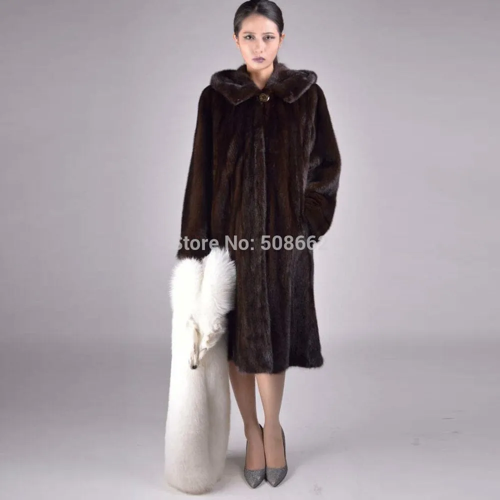 Women's Natural Mink Fur Coat Women Hood Full Winter Coat Women Dress