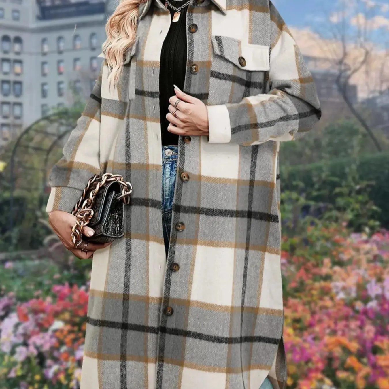 Women's Plaid Print Button Down Casual Coat