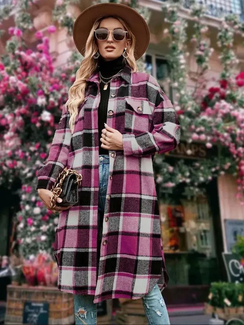 Women's Plaid Print Button Down Casual Coat