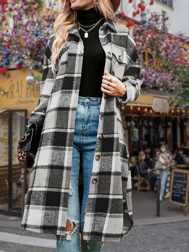 Women's Plaid Print Button Down Casual Coat